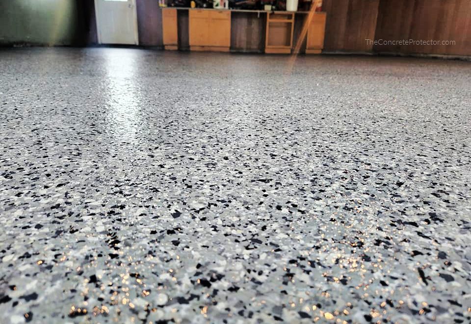 Freshly coated flake garage floor